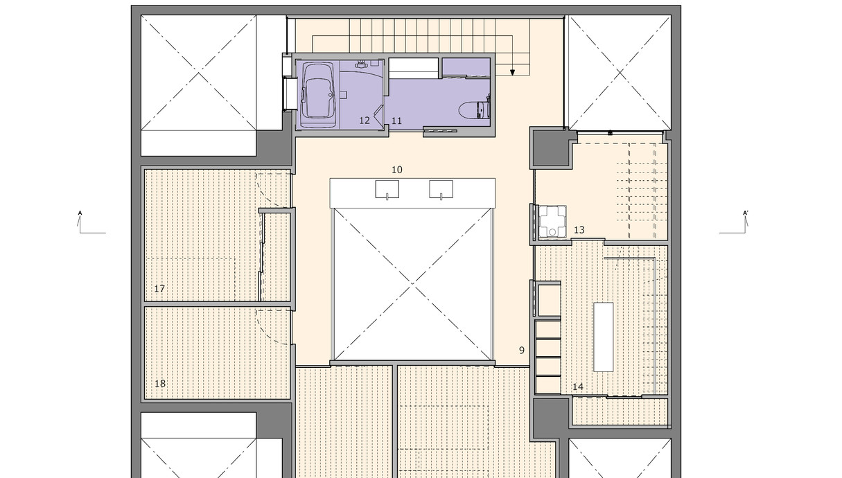 בית בטקמאצו, תוכנית אדריכלית קומה שנייה (שרטוט: FujiwaraMuro Architects)