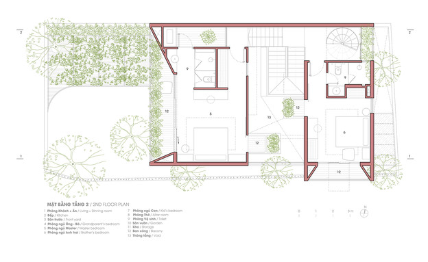 בית בווייטנאם, תוכנית אדריכלית, קומה שנייה (שרטוט:  MDA Architecture)