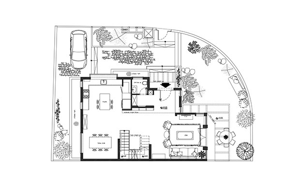 בית במזכרת בתיה, עיצוב מורן רוזנברג ורז דהאן, תוכנית קומת קרקע (שרטוט: מורן רוזנברג)