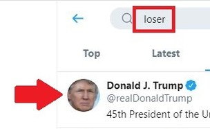 הנשיא טראמפ עולה כשמחפשים "לוזר" בטוויטר (צילום: צילום מסך, NEXTER)
