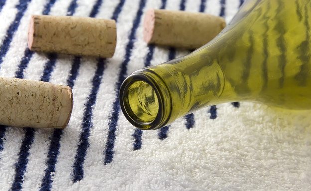 בקבוק יין ריק על מגבת (צילום: Shutterstock)