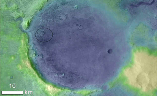 צילום לוויין של מכתש ג'זרו, הדלתא בצד שמאל. באליפסה: אתר הנחיתה (צילום: NASA)