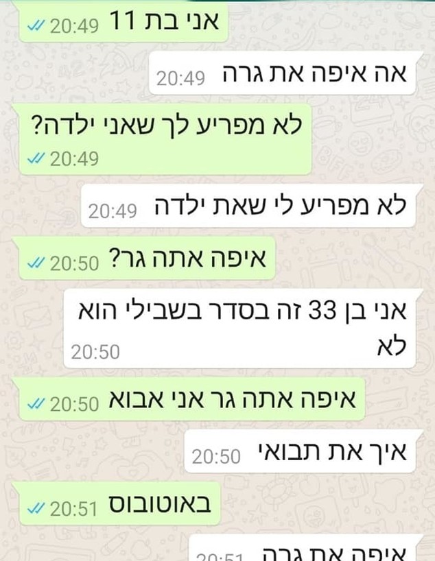 התכתבות בין מבוגר לילדה בת 11 (צילום: צילום מסך)