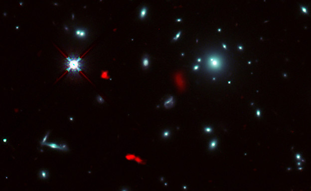 הגלקסיה החדשה RXCJ0600-z6 (צילום: ALMA (ESO/NAOJ/NRAO), פוג'ימוטו ואח', טלסקופ החלל נאס"א/ESA האבל)