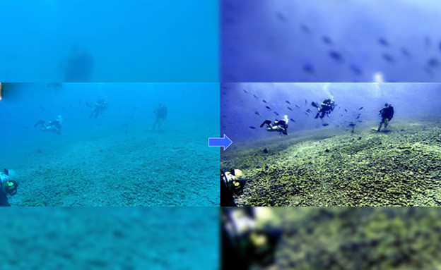 תוצאות של טכנולוגית שיפור התמונה לפני ואחרי (צילום: המעבדה לדימות תת-ימי, אוניברסיטת חיפה)