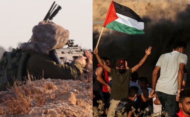 לוחם מול מתפרעים פלסטינים (צילום: MAHMUD HAMS/AFP, GettyImages)