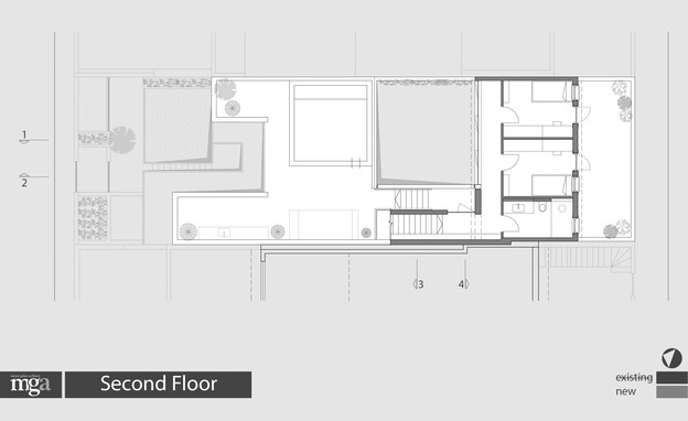 בית בנווה צדק, עיצוב מירב גלן, תוכנית אדריכלית, קומה שנייה (שרטוט: מירב גלן)