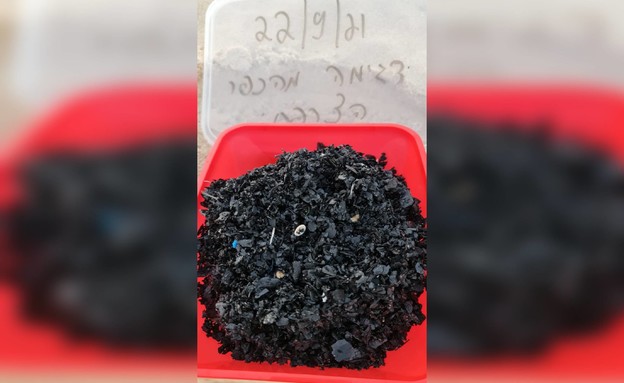 פתיתי פחם שחורים נחתו בחופי ישראל (צילום: עמי ארד, המשרד להגנת הסביבה)