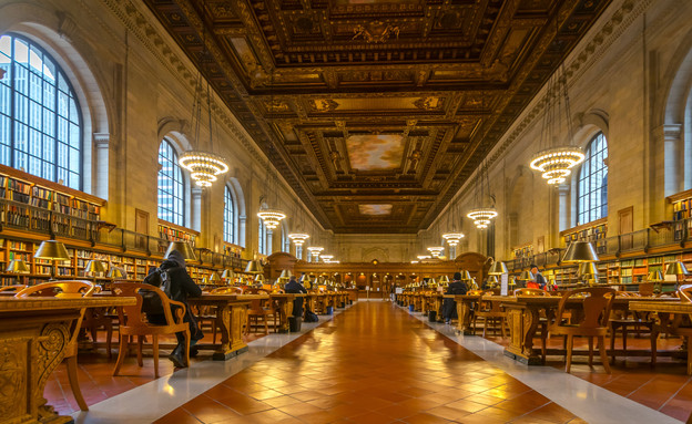 חדר הקריאה המרכזי בספרייה הציבורית של ניו יורק (צילום: סאלי פאראג)