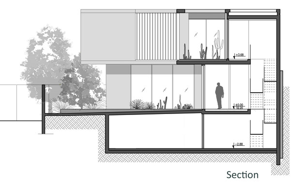 בית במרכז, לוין-פקר אדריכלים, תוכנית אדריכלית חתך - 2 (שרטוט: לוין-פקר אדריכלים)