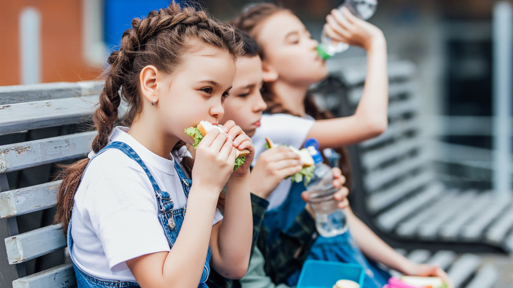 ילדים אוכלים בהפסקת אוכל בבית ספר (צילום: shutterstock by EZ-Stock Studio)