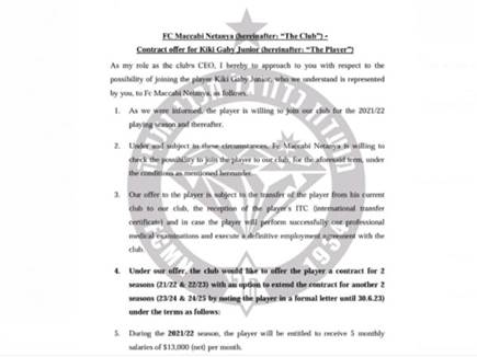 החוזה של מכבי נתניה לגבי קיקי (צילום: ספורט 5)