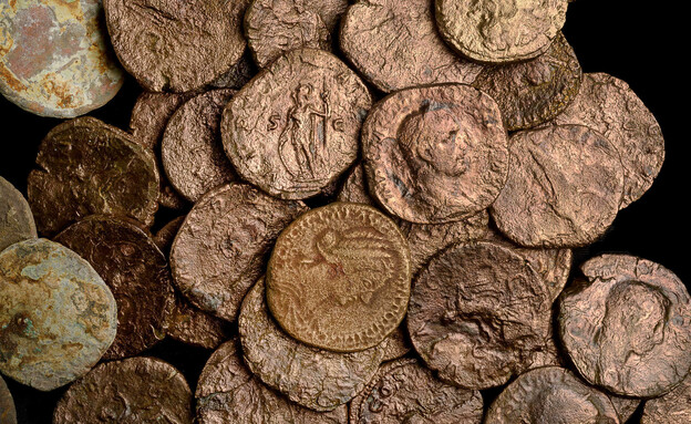 מטבעות מהתקופה הרומית שנמצאו מול חופי קיסריה (צילום: דפנה גזית, רשות העתיקות)