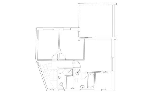 בית בהדר יוסף, עיצוב עינת ארליך, תוכנית הקומה העליונה לפני השיפוץ, (צילום: שרטוט עינת ארליך)