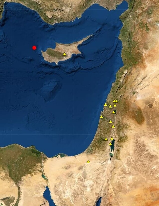 מוקד הרעש סמוך לקפריסין והאזורים שבהם הורגשה הרעידה (צילום: המכון הגיאולוגי)