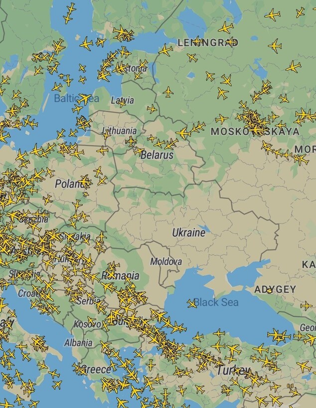 מפה המציגה את שמי אוקראינה, ריקים ממטוסים