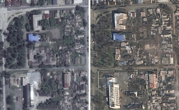 לפני ואחרי: הנזק שגרמו ההפצצות הרוסיות בעיר מריופו (צילום: MAXAR)