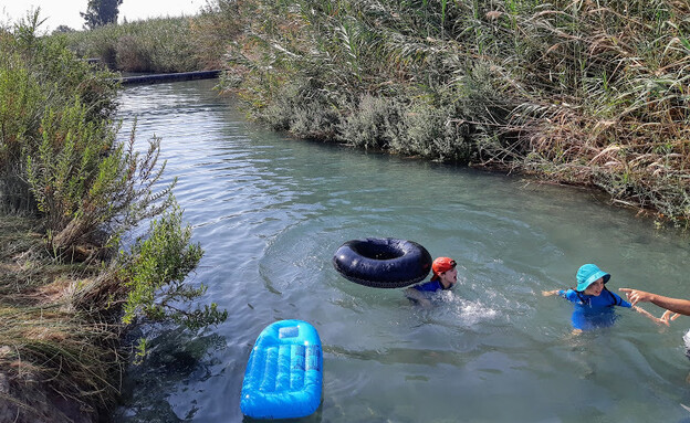 רוחצים בנחל קיבוצים (צילום: עינב לנדאו)