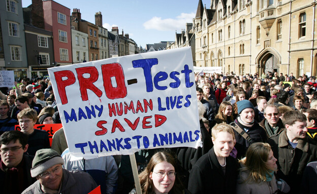 מפגינים בעד ניסויים בבעלי חיים (צילום: Reuters)