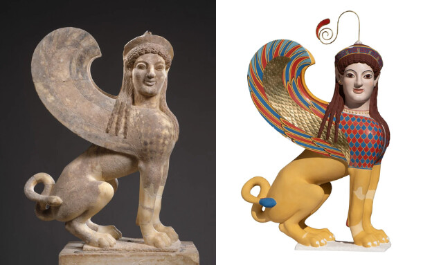 פסל של ספינקס ושחזור צבעוני שלו, מוזיאון המט (צילום: The Metropolitan Museum of Art)