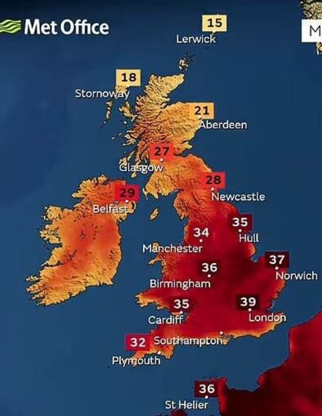מפת גל החום של בריטניה ליום שני (צילום: UK Met Office)