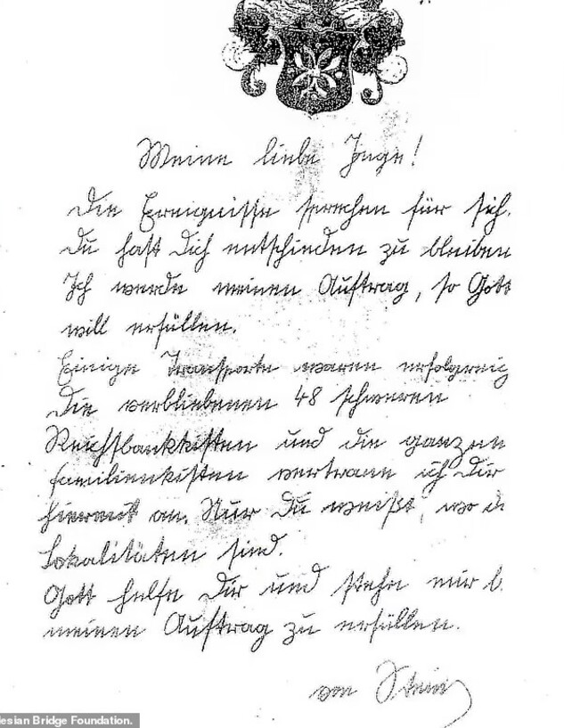 המכתב שכתב הקצין פון שטיין לאהובתו אינגה (צילום: silesian bridge foundation)