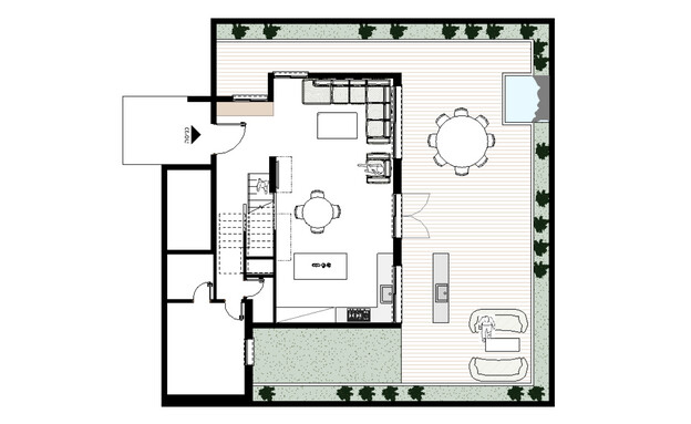 הבית של אילנית ואלירז, עיצוב שדה אדריכלים, תוכניית קומת הכניסה (שרטוט: שדה אדריכלים)