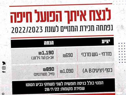 שורת חיזוקים, מחירים נמוכים. מחירון הפועל חיפה