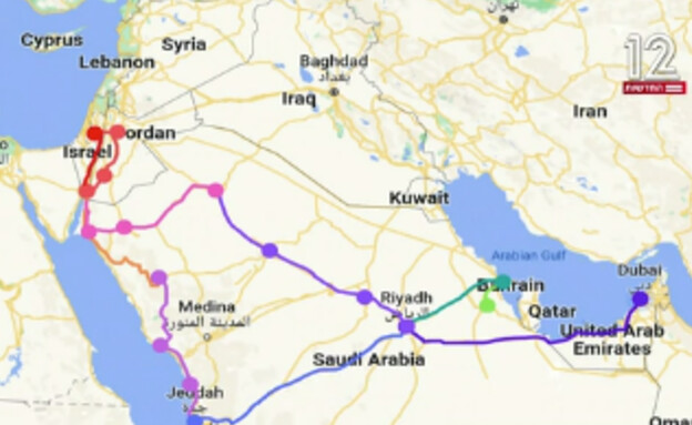 מפת המסע מדובאי לתל אביב (צילום: המהדורה המרכזית)