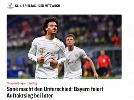 "סאנה עשה את ההבדל: באיירן חגגה ניצחון בפתיחה מול אינטר": כותרת ה'קיקר' הגרמני