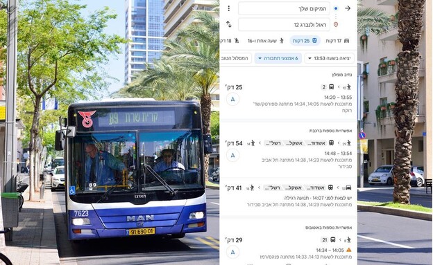 אוטובוס בתל אביב (צילום: Stanislav Samoylik, shutterstock, גוגל מפות)