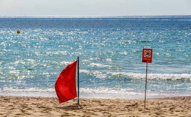 דגל אדום בחוף הים מיורקה ספרד (צילום: UlyssePixel, shutterstock)