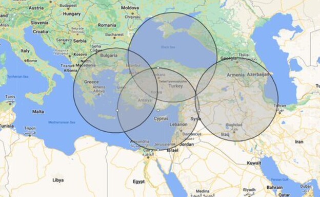 אחת ממפות טווחי טיל הטייפון של טורקיה שפורסמו (צילום: לפי סעיף 27א' לחוק זכויות יוצרים)