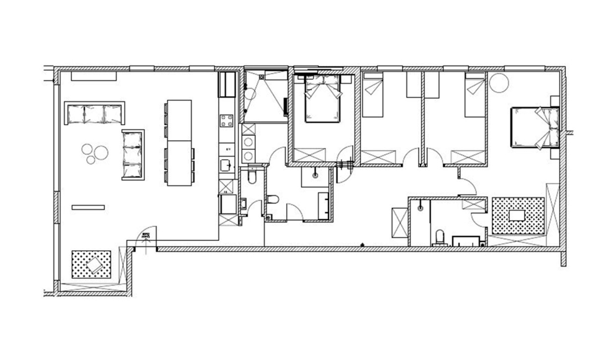 דירה במודיעין, עיצוב אריאלה ענבר, תוכנית הדירה אחרי שיפוץ (שרטוט: אריאלה ענבר)