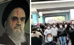 המחאות באיראן ותמונה של חומייני שהושחתה (צילום: מתוך הרשתות החברתיות לפי סעיף 27א' לחוק זכויות יוצרים)