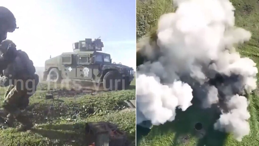 תיעוד רכב צבאי ממוגן עלה על מוקש באוקראינה (צילום: לפי סעיף 27 א')