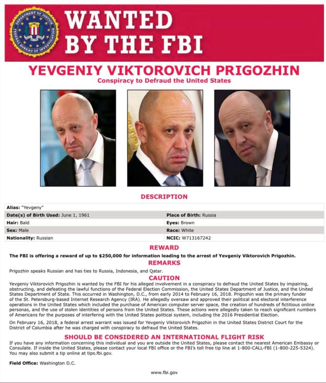 ה-FBI הציב פרס של רבע מיליון דולר על יבגני פריגוז'ין
