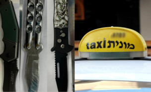 מונית אילוסטרציה וסכיני הקומנדו של החוטפים (צילום: משטרת ישראל)