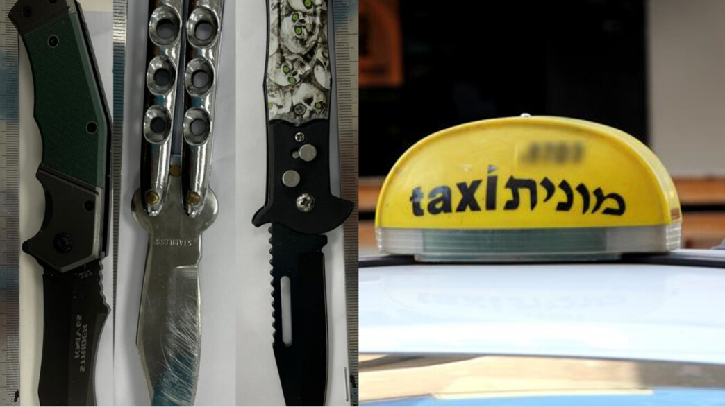 מונית אילוסטרציה וסכיני הקומנדו של החוטפים (צילום: משטרת ישראל)