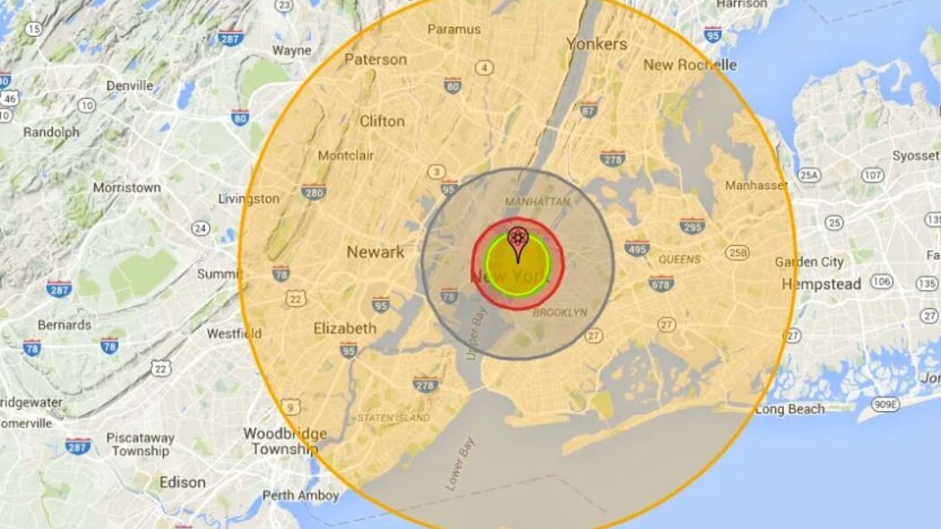 רדיוס ההרס של פצצת מימן בניו יורק (צילום: nuclearsecrecy.com)