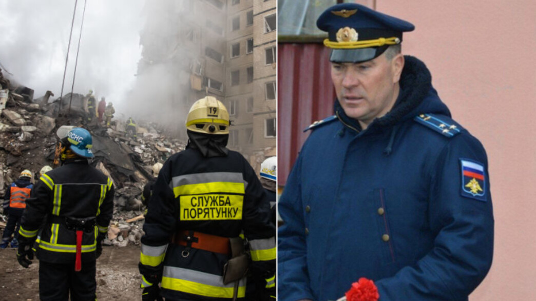הטייס הרוסי והבניין שהופצץ (צילום: לפי סעיף 27א' | Yevhenii Zavhorodnii/Global Images Ukraine/GettyImages)