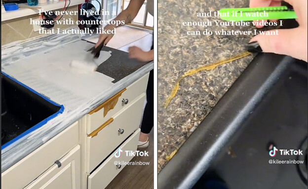 צביעת משטח עבודה במטבח (צילום: חשבון הטיקטוק kileerainbow@ )