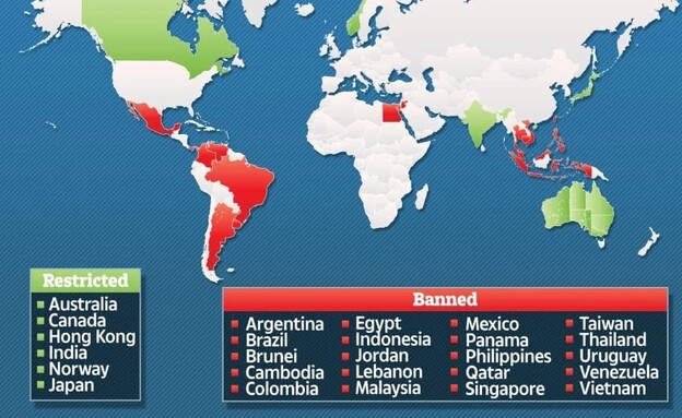 המדינות בהן הוצאו מהחוק הסיגריות האלקטרוניות (באדום) (צילום: GETTY IMAGES)