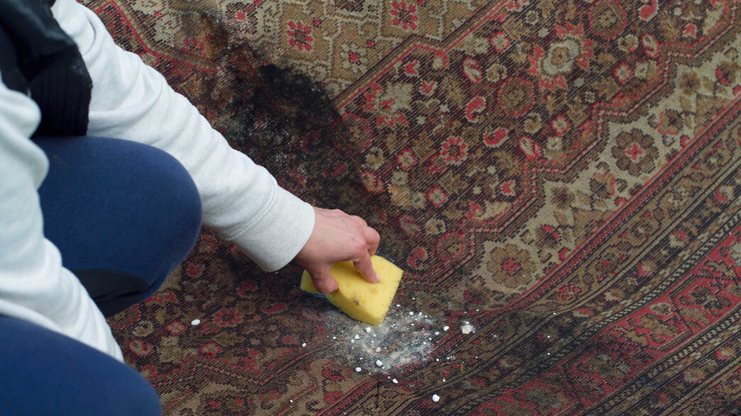 גבר מנקה שטיח עם ספוג ואבקת סודה גבר מנקה שטיח עם ספוג ואבקת סודה