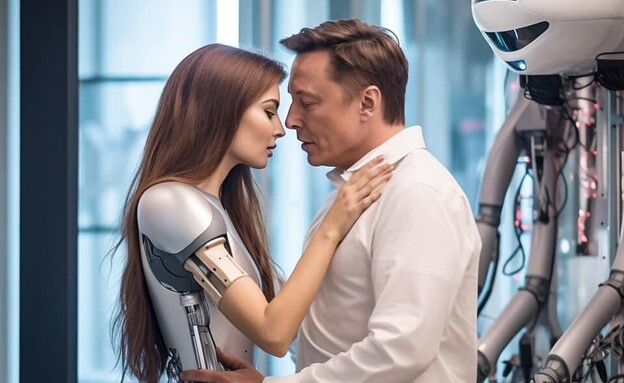 אילון מאסק מתנשק עם רובוטית (צילום: טוויטר @RedanceMe)