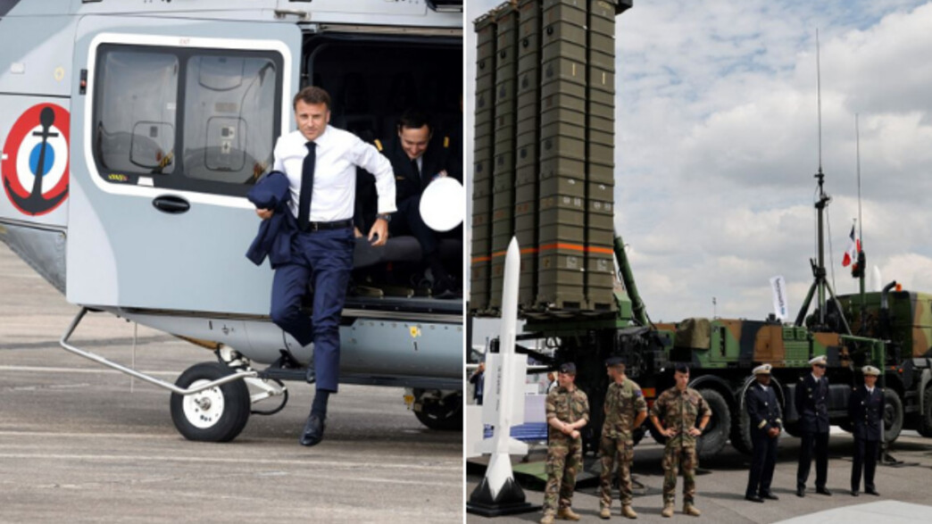 הנשיא הצרפתי והמערכת שסופקה (צילום: LUDOVIC MARIN/POOL/AFP)