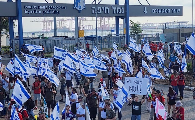 הפגנה בנמל חיפה (צילום: viral press)