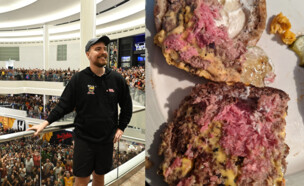 Mr Beast מיסטר ביסט בפתיחת רשת ההמבורגרים שלו, המבורגר נא שהתקבל (צילום: Dave Kotinsky, Getty images)