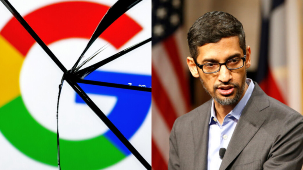 מנכ"ל גוגל סונדאר פיצ'אי ולוגו החברה