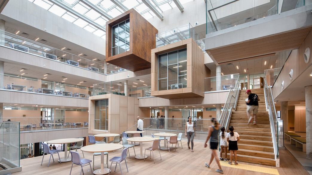 קריית החינוך הרצליה, תיבות עץ מרחפות בחלל התיכון קריית החינוך הרצליה, תיבות עץ מרחפות בחלל התיכון